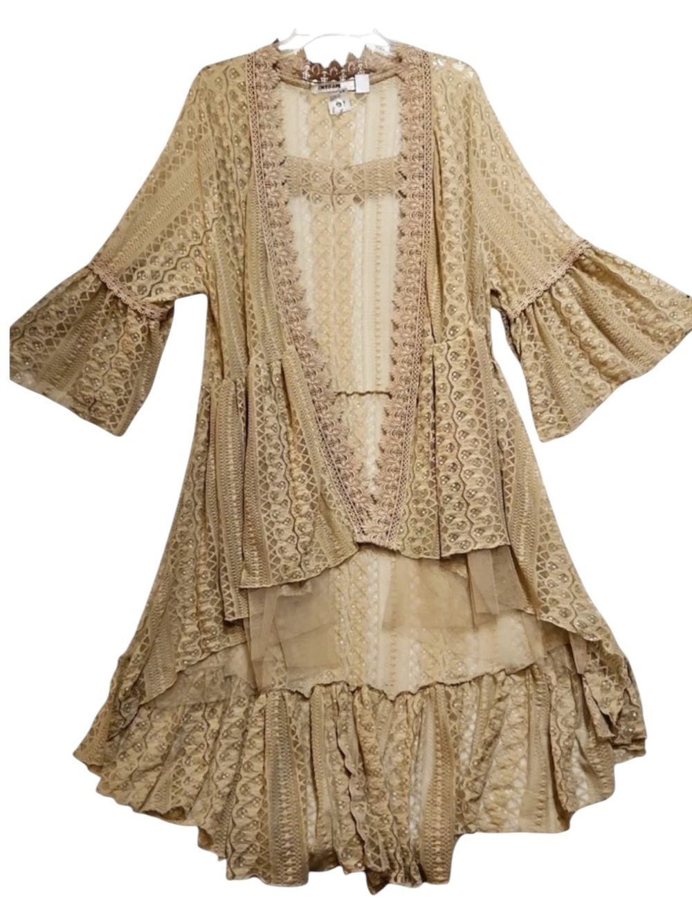 NWT Origami kimono Lace cardigan beige nude waterfall Front- layered‎ tiers XXL